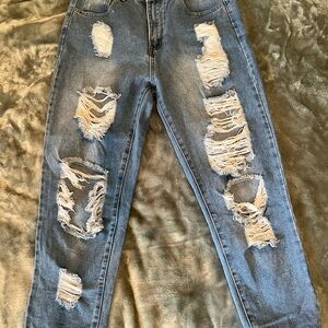 Medium Wash Distressed Blue Jeans - Straight Leg